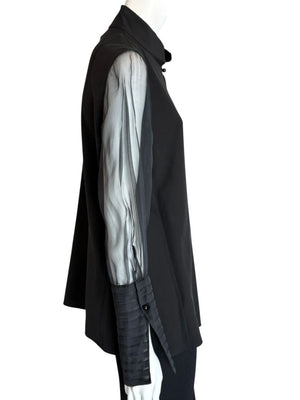 Akris Black Mulberry Silk Blouse with Sheer Striped Sleeves – Size 10