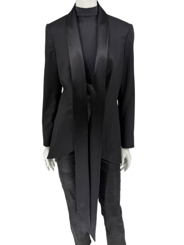 Pamella Roland Black Satin Tie Front Tuxedo Blazer Jacket - Large