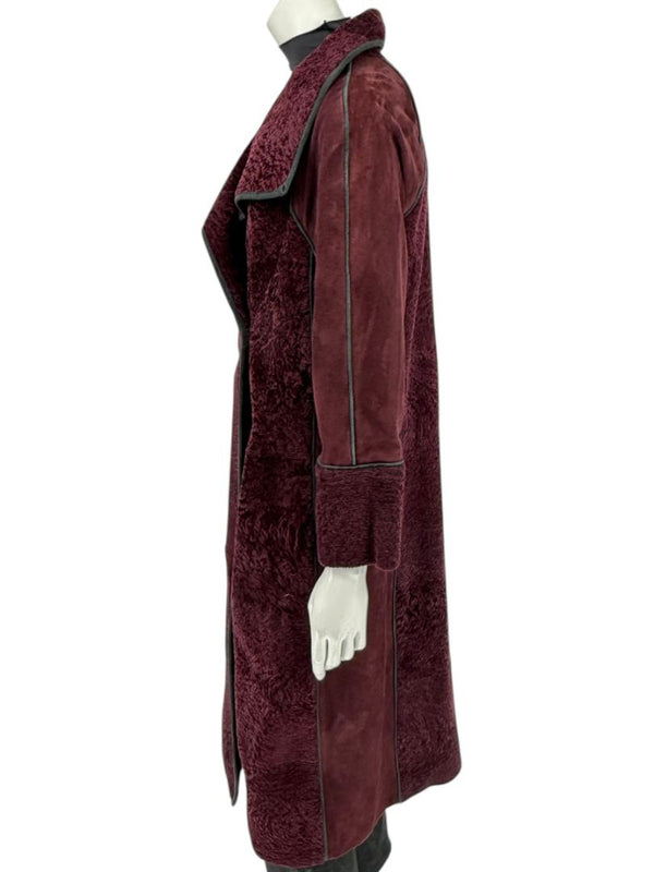 Pamella Roland Burgundy Shearling Cape Style Jacket with Leather Trim – Large