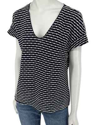Armani Collezioni Made in Italy Navy & White Textured Stripe V-Neck Top – Size 12