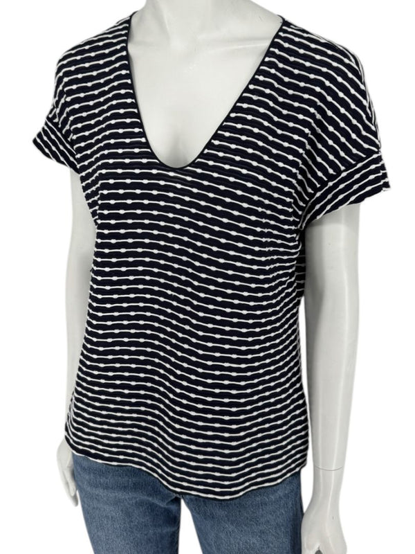 Armani Collezioni Made in Italy Navy & White Textured Stripe V-Neck Top – Size 12