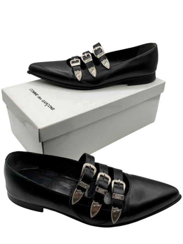 Comme des Garçons Black Triple-Buckle Leather Flats – Japanese Size 25