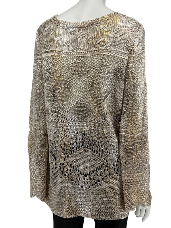 Oscar de la Renta Metallic-Accented Open-Knit Sweater – Size XL