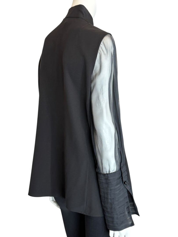 Akris Black Mulberry Silk Blouse with Sheer Striped Sleeves – Size 10