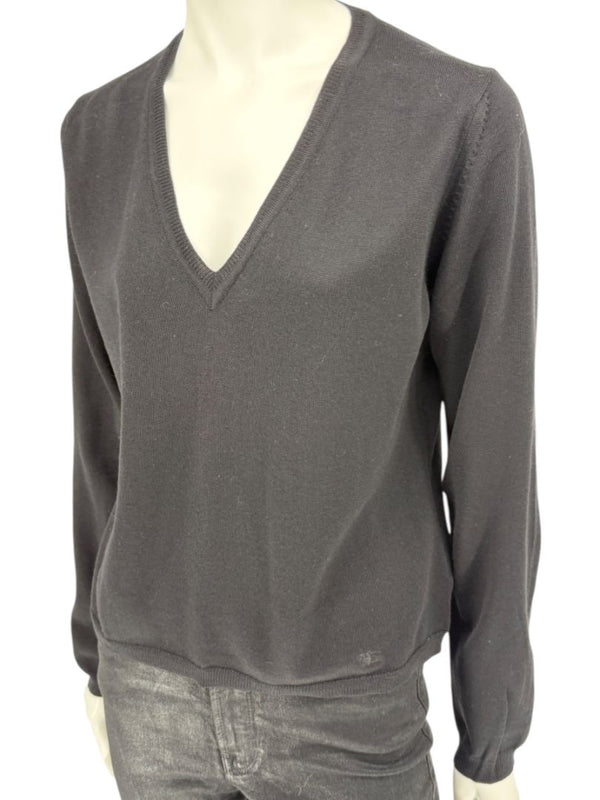 Burberry London Black Extrafine Merino Wool V-Neck Sweater – Size L