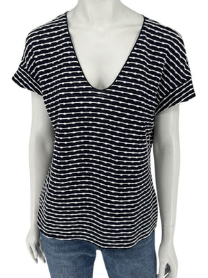 Armani Collezioni Made in Italy Navy & White Textured Stripe V-Neck Top – Size 12
