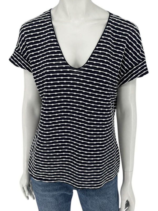 Armani Collezioni Made in Italy Navy & White Textured Stripe V-Neck Top – Size 12
