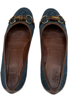 Gucci Blue GG Denim Bamboo Horsebit Ballet Flats – Size 11B