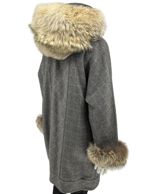 Pamella Roland Grey Wool Cape Style Jacket with Fur Trim Hood & Cuffs – Large