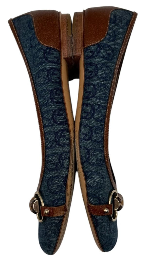 Gucci Blue GG Denim Bamboo Horsebit Ballet Flats – Size 11B