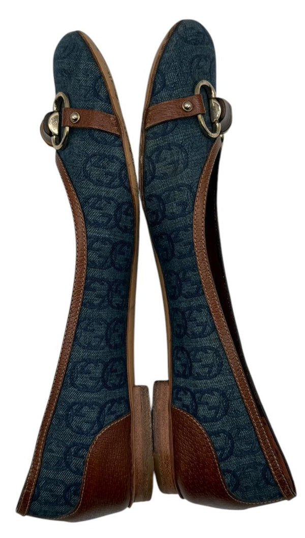 Gucci Blue GG Denim Bamboo Horsebit Ballet Flats – Size 11B