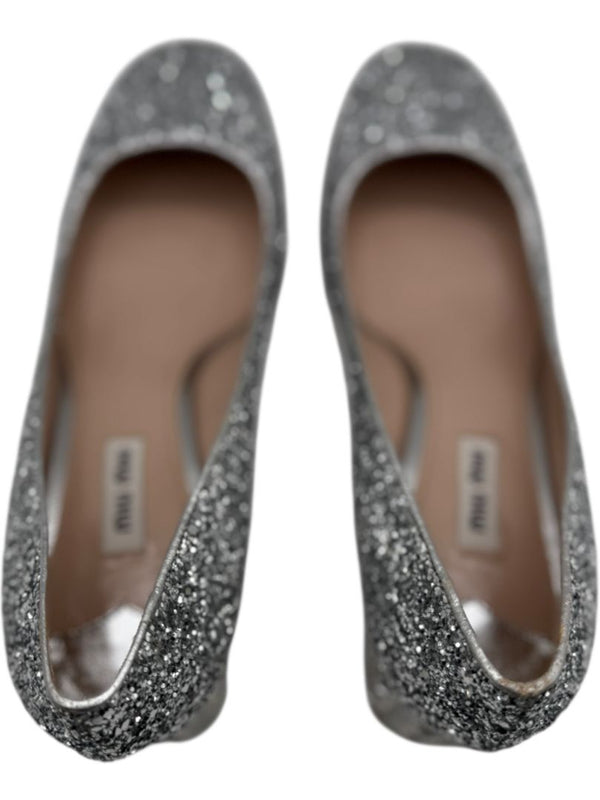 Miu Miu Silver Glitter Block Heel Pumps - Size 39