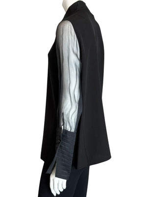 Akris Black Mulberry Silk Blouse with Sheer Striped Sleeves – Size 10