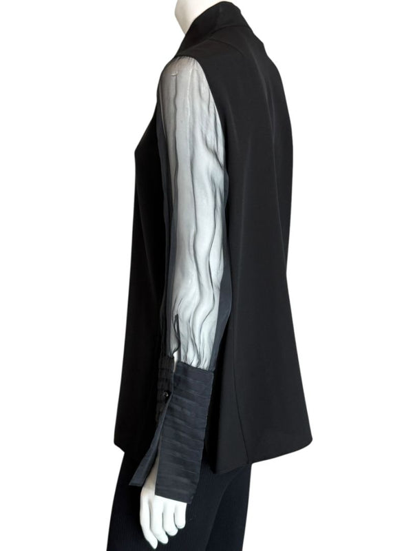 Akris Black Mulberry Silk Blouse with Sheer Striped Sleeves – Size 10