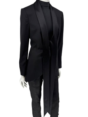 Pamella Roland Black Satin Tie Front Tuxedo Blazer Jacket - Large