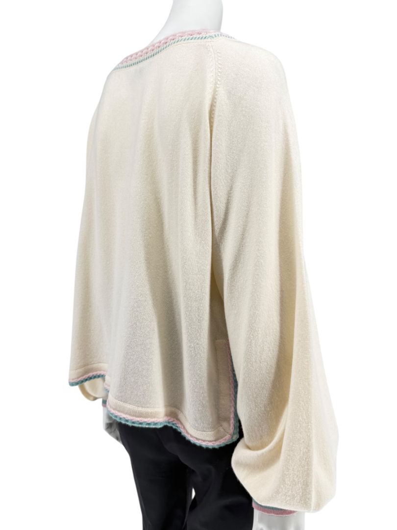 Chanel Ivory Cashmere Sweater with Pastel Pink & Blue Trim – Size 44