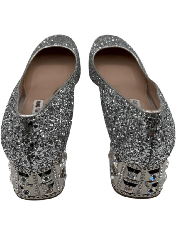 Miu Miu Silver Glitter Block Heel Pumps - Size 39