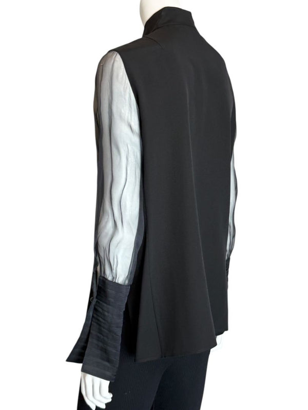 Akris Black Mulberry Silk Blouse with Sheer Striped Sleeves – Size 10