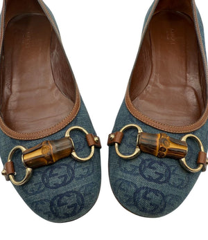 Gucci Blue GG Denim Bamboo Horsebit Ballet Flats – Size 11B