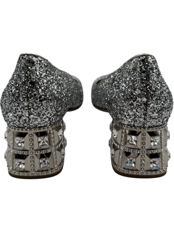 Miu Miu Silver Glitter Block Heel Pumps - Size 39