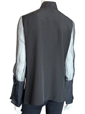 Akris Black Mulberry Silk Blouse with Sheer Striped Sleeves – Size 10