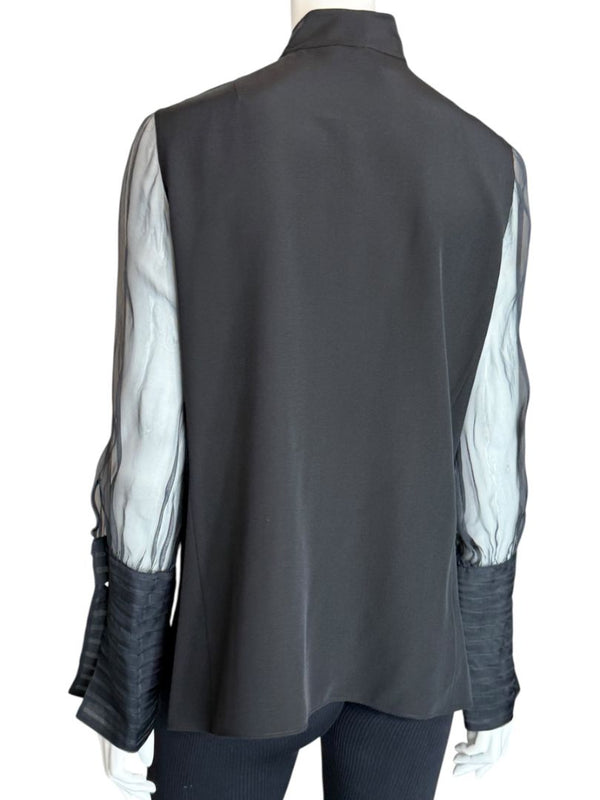 Akris Black Mulberry Silk Blouse with Sheer Striped Sleeves – Size 10