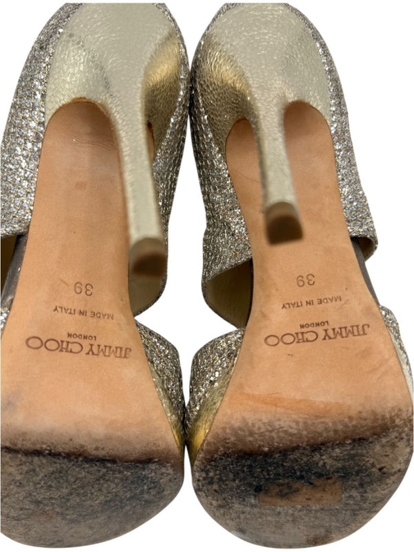 Jimmy Choo Glitter-Covered Gold Platform Heels – Size 39