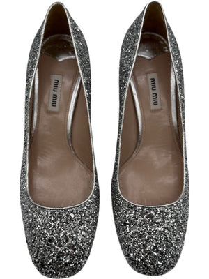 Miu Miu Silver Glitter Block Heel Pumps - Size 39