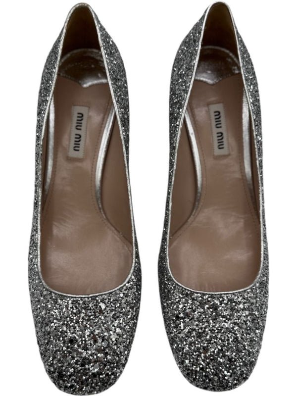 Miu Miu Silver Glitter Block Heel Pumps - Size 39
