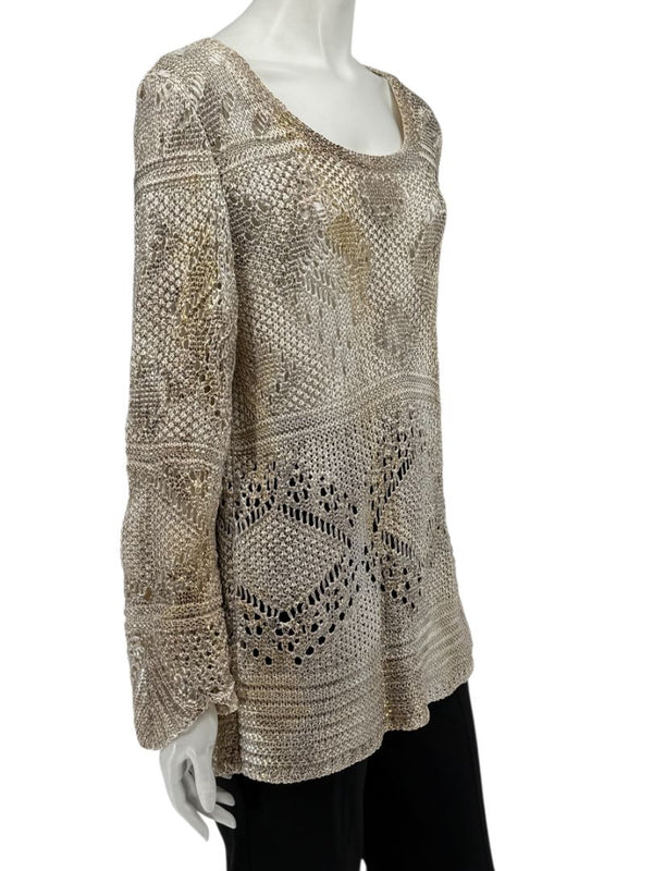 Oscar de la Renta Metallic-Accented Open-Knit Sweater – Size XL