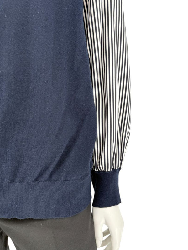 Neiman Marcus Navy Cashmere V-Neck Sweater with Striped Sleeves – Size XL