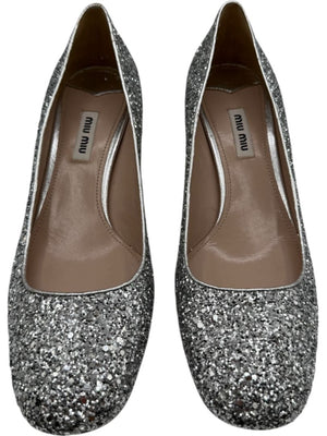 Miu Miu Silver Glitter Block Heel Pumps - Size 39