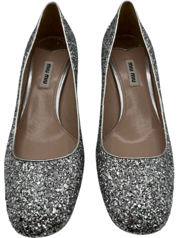 Miu Miu Silver Glitter Block Heel Pumps - Size 39