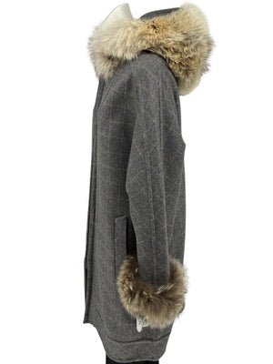 Pamella Roland Grey Wool Cape Style Jacket with Fur Trim Hood & Cuffs – Large