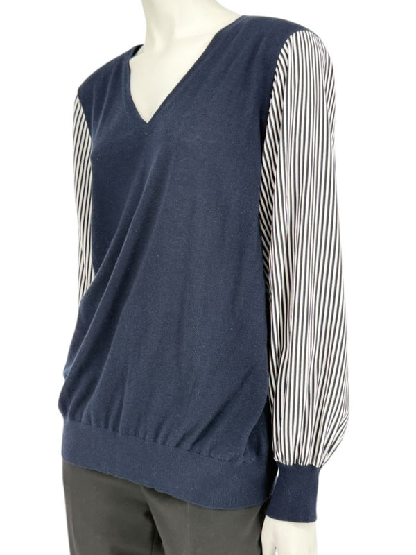 Neiman Marcus Navy Cashmere V-Neck Sweater with Striped Sleeves – Size XL