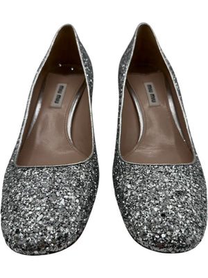 Miu Miu Silver Glitter Block Heel Pumps - Size 39