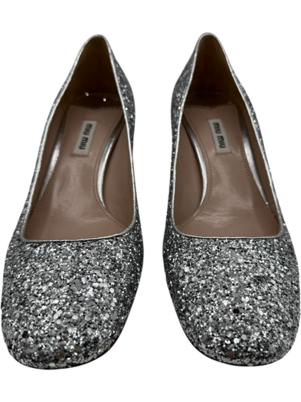 Miu Miu Silver Glitter Block Heel Pumps - Size 39