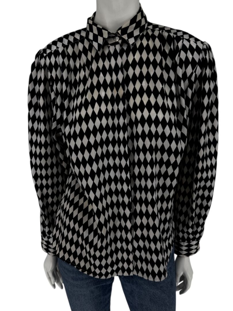 Cygnet Black & Ivory Harlequin Print Button-Up Blouse – Size 13