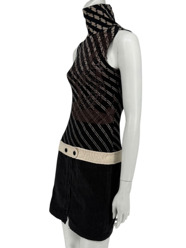 Custo Barcelona Sleeveless High-Neck Mixed-Media Mini Dress – Size 2
