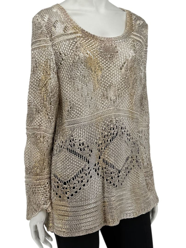 Oscar de la Renta Metallic-Accented Open-Knit Sweater – Size XL