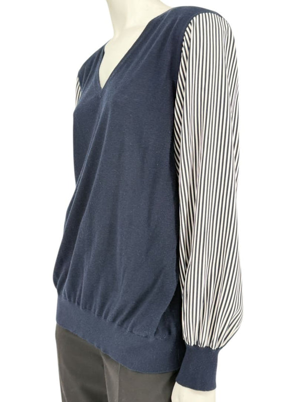 Neiman Marcus Navy Cashmere V-Neck Sweater with Striped Sleeves – Size XL