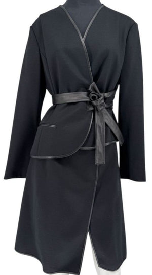 Douglas Hannant Black Wool Wrap-Style Skirt with Nappa Leather Trim – Size 14