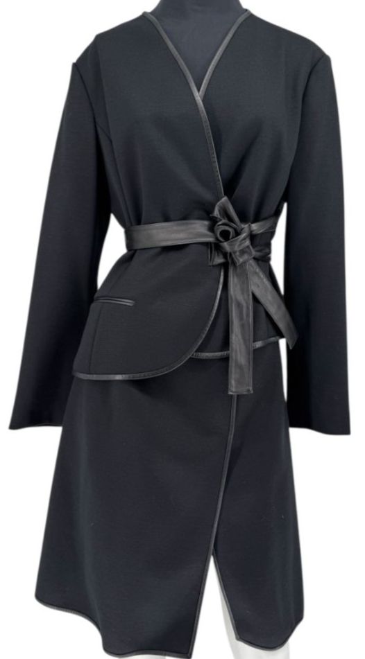Douglas Hannant Black Wool Wrap-Style Skirt with Nappa Leather Trim – Size 14
