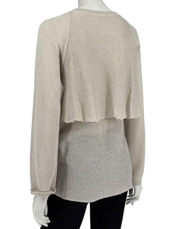 Brunello Cucinelli Beige Layered Linen & Silk Sequin Sweater – Size XL
