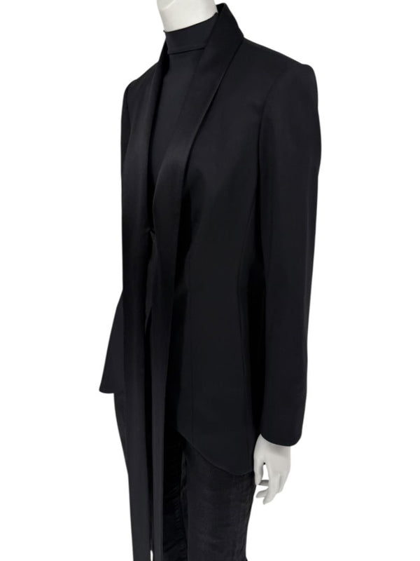 Pamella Roland Black Satin Tie Front Tuxedo Blazer Jacket - Large