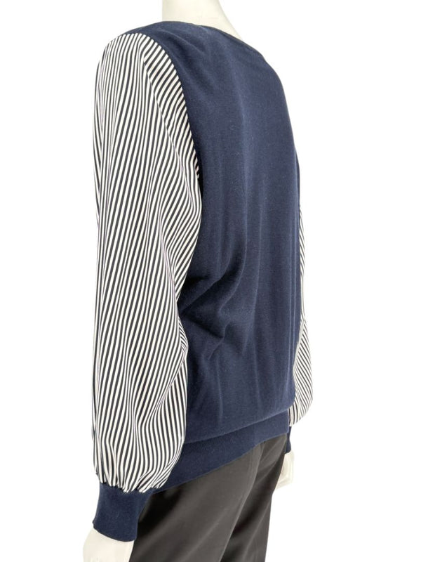 Neiman Marcus Navy Cashmere V-Neck Sweater with Striped Sleeves – Size XL