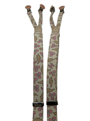 Chanel *Rare* printed suspenders with pink enamel CC logo clips — includes Chanel box