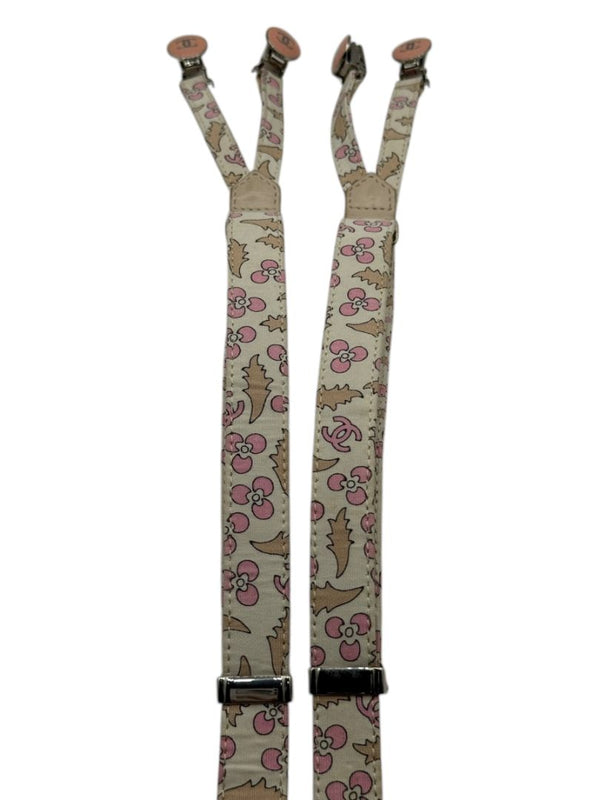 Chanel *Rare* printed suspenders with pink enamel CC logo clips — includes Chanel box