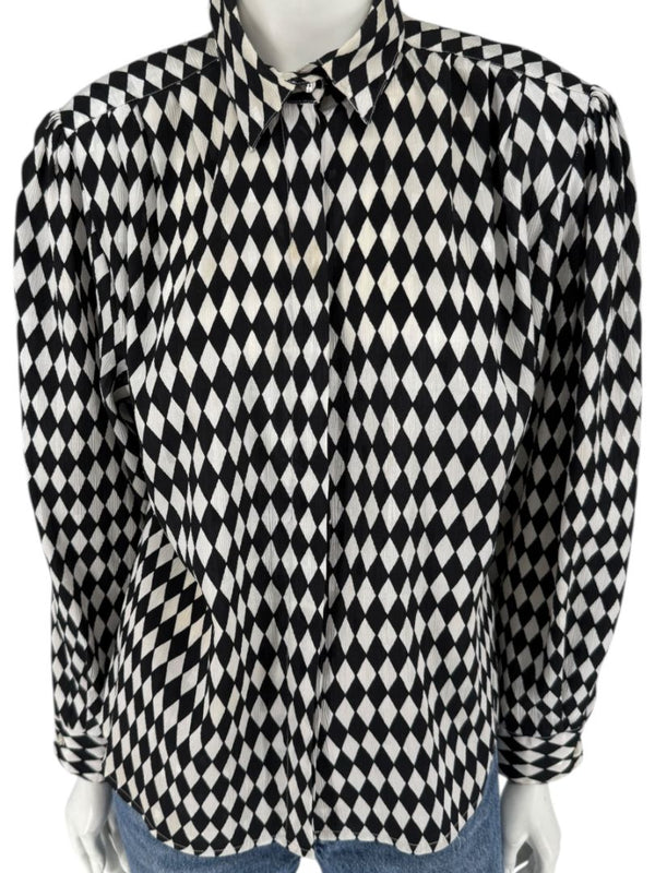 Cygnet Black & Ivory Harlequin Print Button-Up Blouse – Size 13