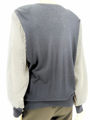 Neiman Marcus Navy Cashmere V-Neck Sweater with Striped Sleeves – Size XL